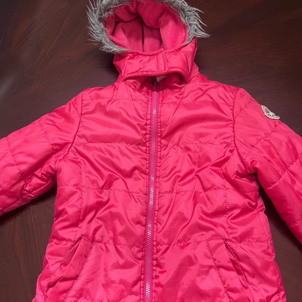 “Pink Platinum” Pink Hooded Puffer Jacket with Faux Fur Trim